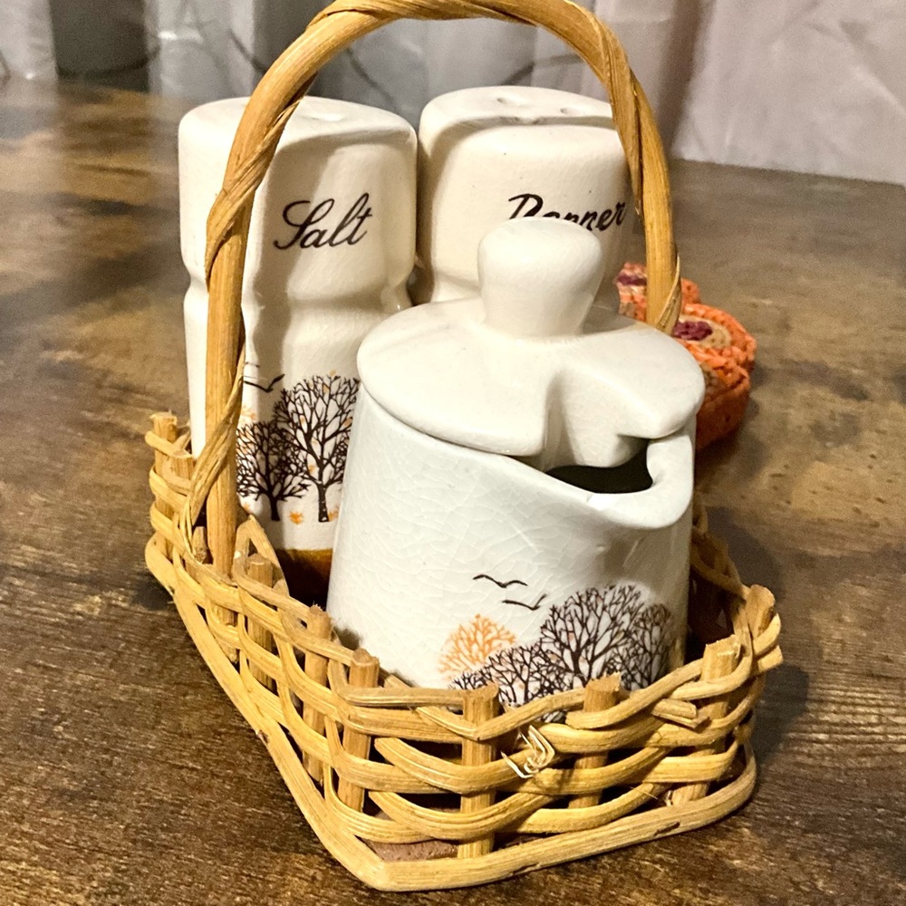 Vintage 5 piece Wicker Basket Set Ceramic Salt Pepper Creamer Jar & Lid Decor
